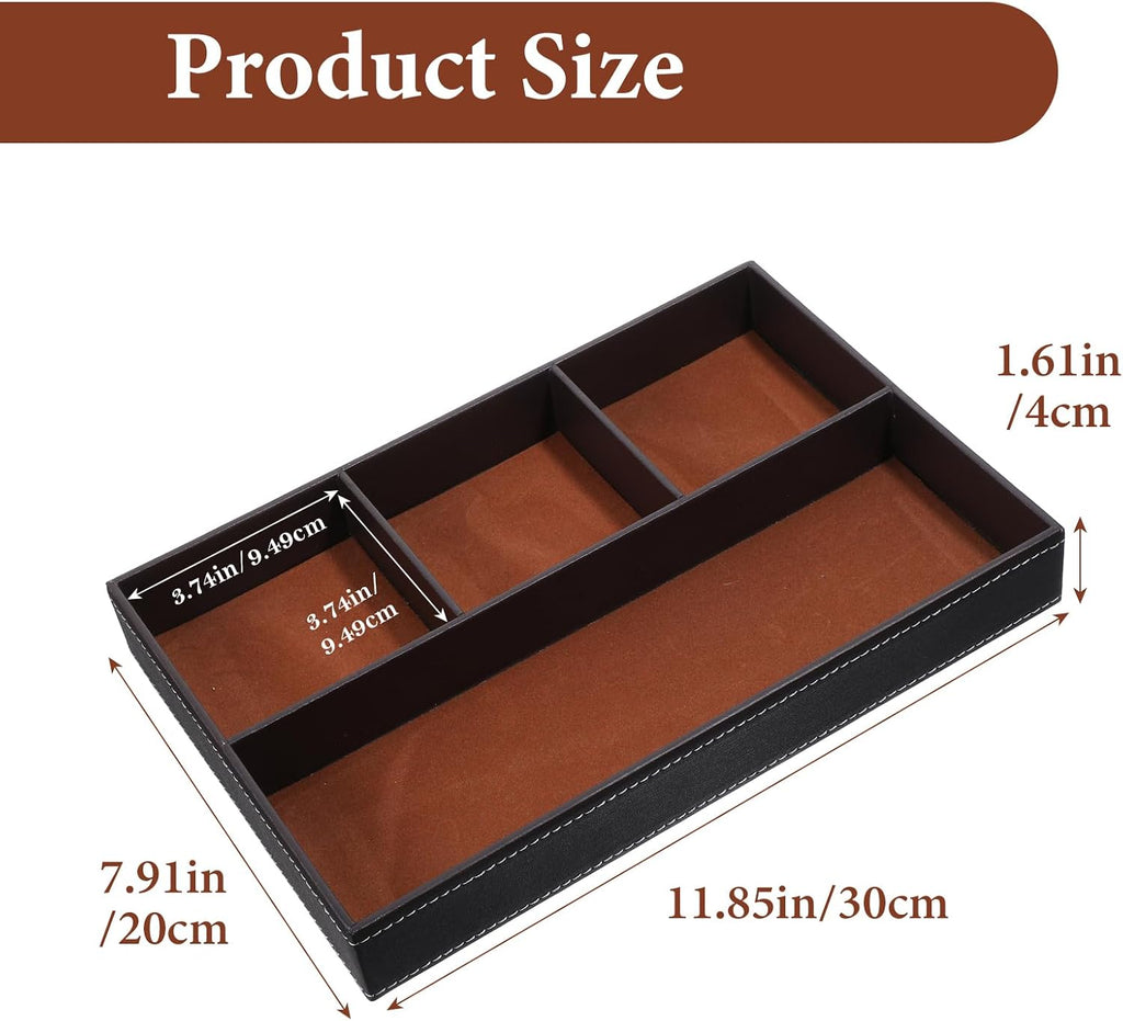 Valet Tray for Men, Mens Valet Tray Stackable Leather Organizer, Brown Drawer Trays for Watch, Wallet - Set of 2