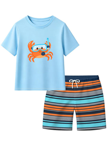 Toddler Boy Swimsuit Set Swim Shirt Swim Trunks UPF 50+ Stripe