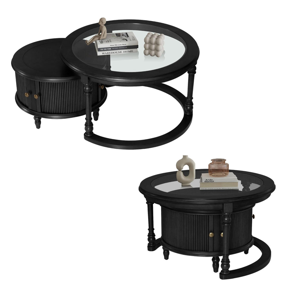 Nesting Coffee, Round Tempered Glass Solid Wood Nest Coffee Tables with Storage, Retro Small Accent Center for Small