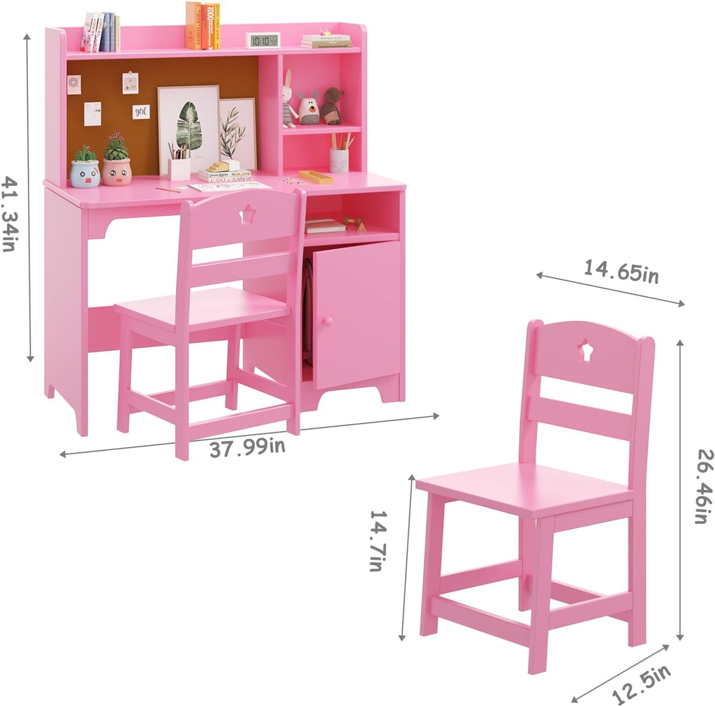 Kids Study Desk with Chair,Wooden Children Study Table with Hutch and Storage Cabinet for Boys Girls 3-12 Year Old