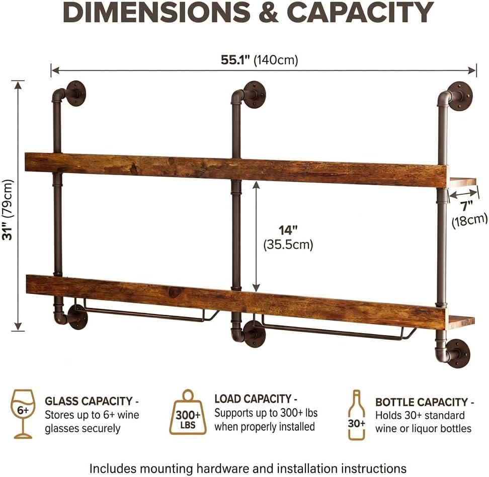 Wall Mounted Wine Rack with LED Lights, 55.1" W | 2-Tier Industrial Metal, Hanging Liquor & Wine Glass Rack, Display