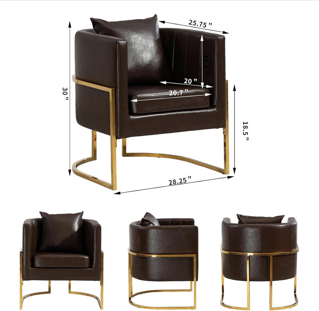 Modern Leather Accent Chair, Mid Century Upholstered Barrel Armchair with Pillow, Comfy Single Vanity Chair