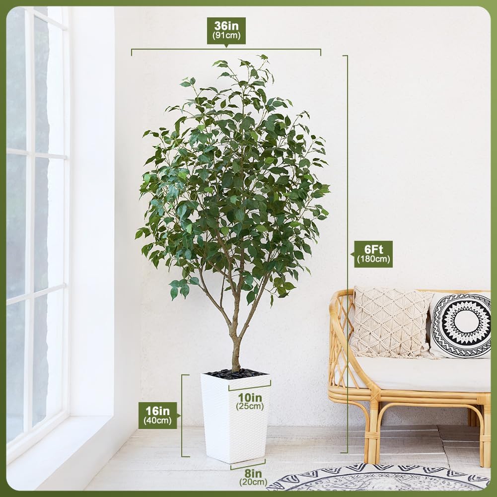 6FT Artificial Ficus Tree with White Taper Planter & Pebbles- Tall Faux Trees with UV Resistant Silk Leaves Outdoor