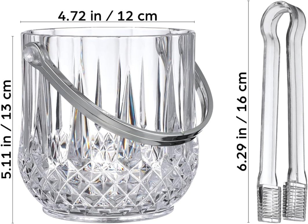 Small Plastic Ice Bucket with Tongs and Handle Clear Portable Ice Cube Bucket 5.11 Height for Wine Beer Beverage