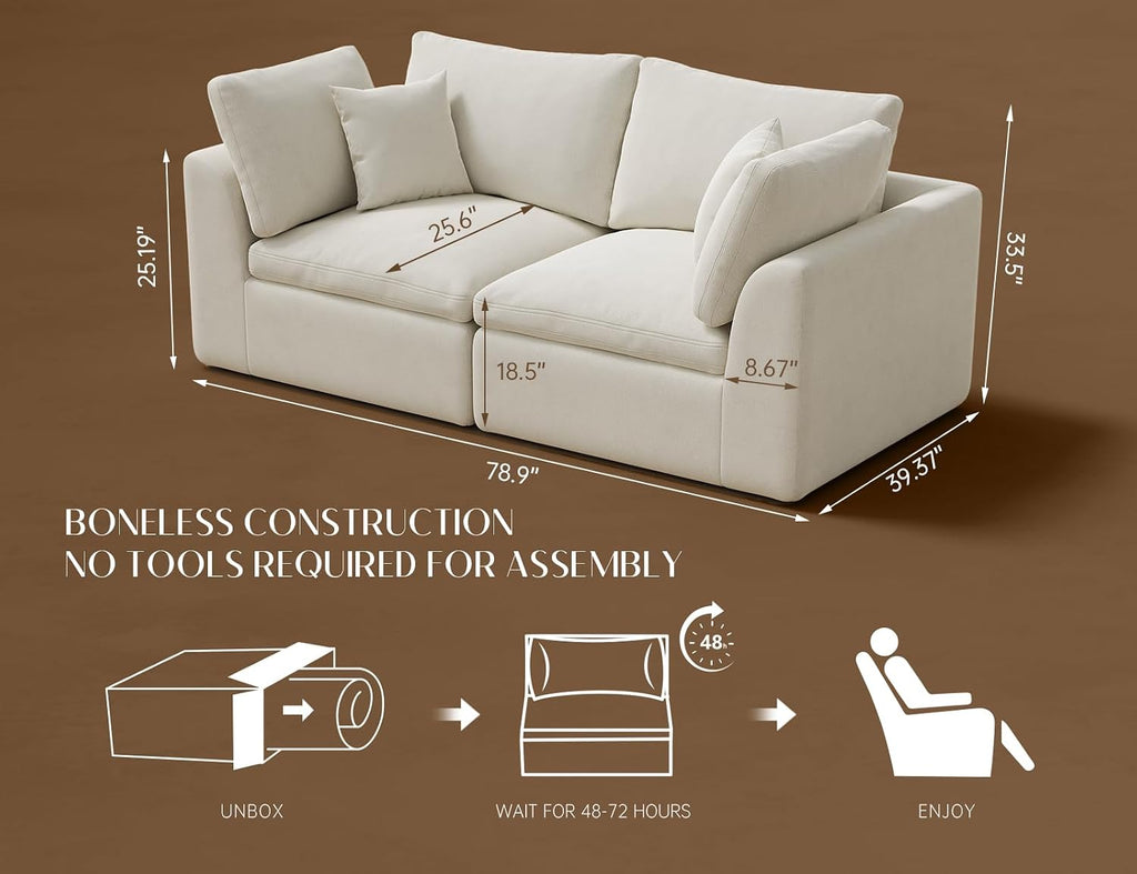110" Cloud Sectional Couches , Boneless U Shaped Couch with Ottoman, 3 Seater Modular Sectional Sofa, Warm White