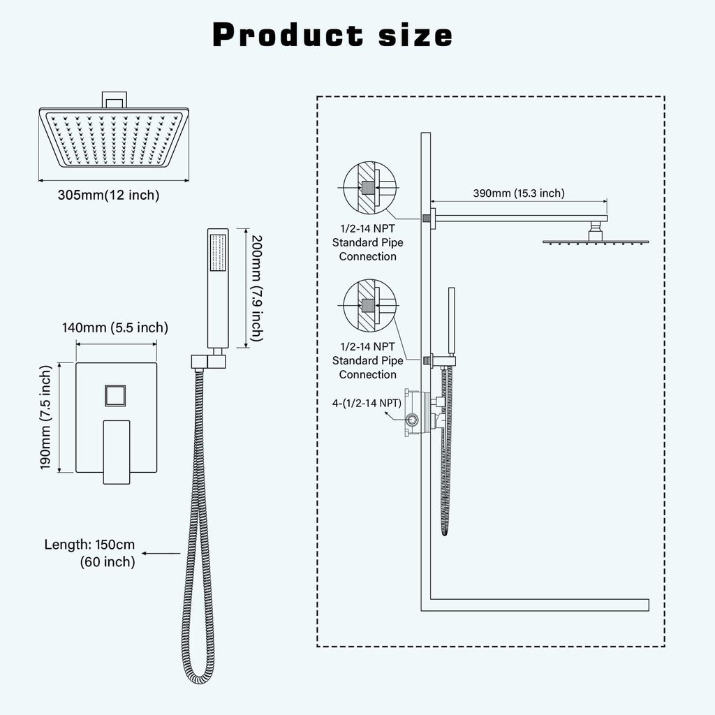 12 Inch Shower Faucet Set, Matte Black Shower System With Handheld