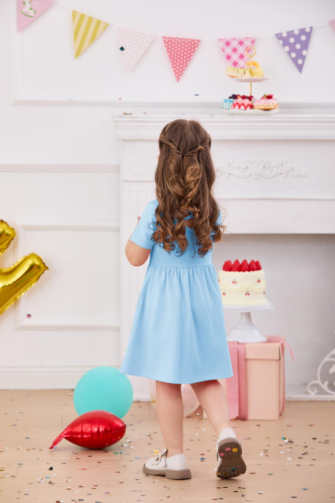 Toddler Baby Girl Short Sleeve Dress Kids Summer A-Line Twirly Skater T-Shirt Dresses with Pockets - Blue