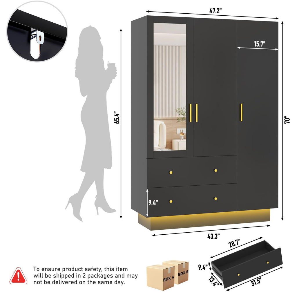 3 Door Wardrobe Closet with Mirror and LED Lights, Bedroom Armoire with Drawers Shelves, Modern Wooden Armoire