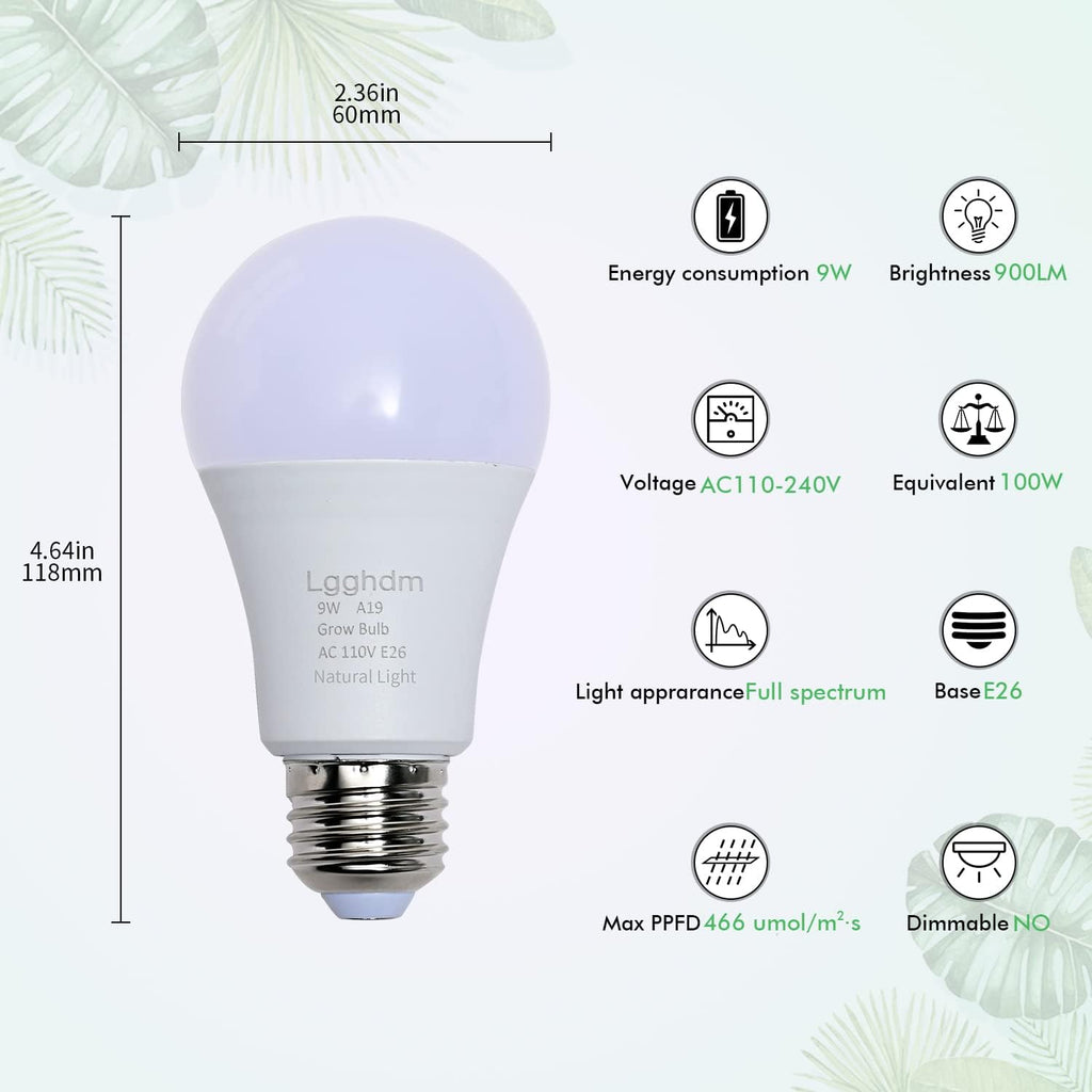 4 Pack Grow Light Bulbs-A19,LED Grow Bulb for Indoor Plants,Full Spectrum, 9 W Grow Light Bulb Replace up to 100W