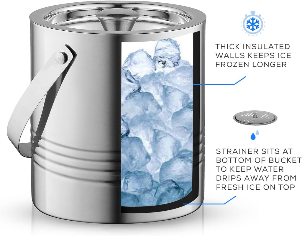 Metal Double Wall Ice Bucket with Lid, Ice Tongs and Strainer. 3L Insulated Ice Bucket for Cocktail Bar, Wine, Home - Set of 3