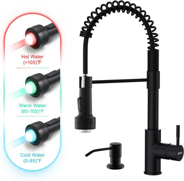 Led Black Kitchen Faucet with Soap Dispenser | Pull Down Sprayer, Single Hole Sink Faucet Suitable for Farmhouses