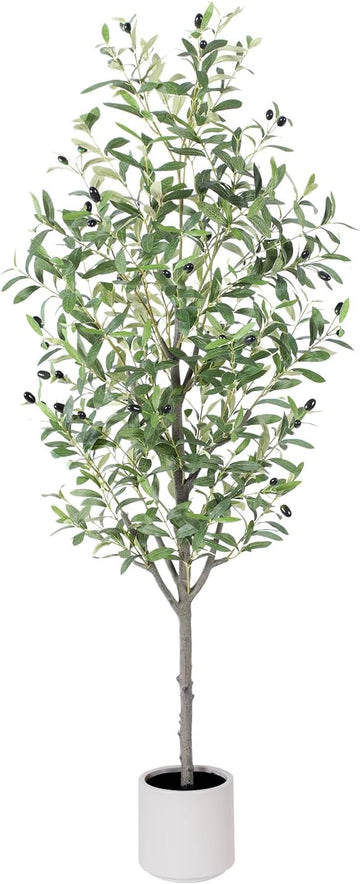 Olive Tree Artificial Indoor, 5ft Tall Silk Faux Olive Tree with White Planter, Artificial Plants with Natural Wood