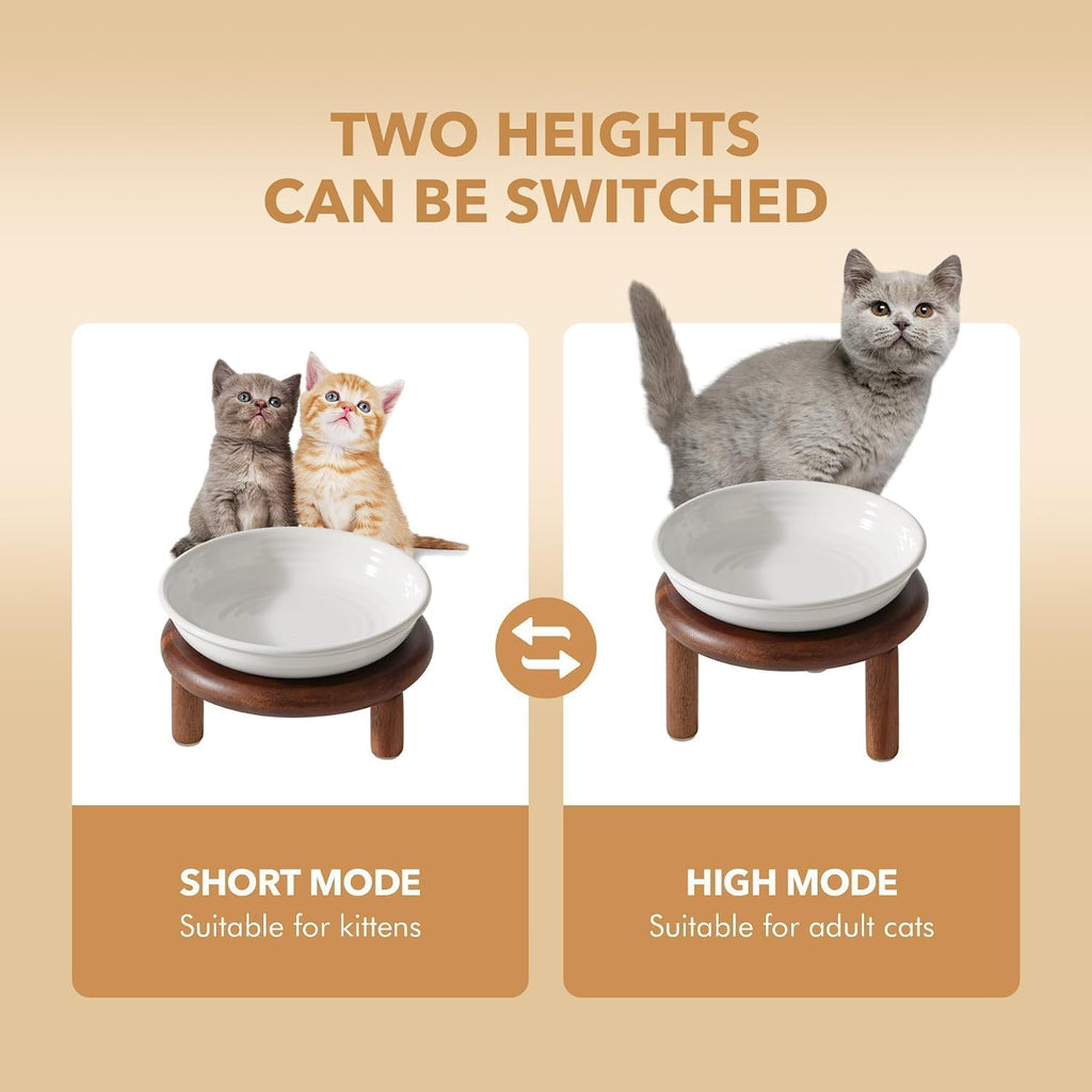 Elevated Cat Bowls, Ceramic Cat Bowl with Wood Stand, Wide Opening