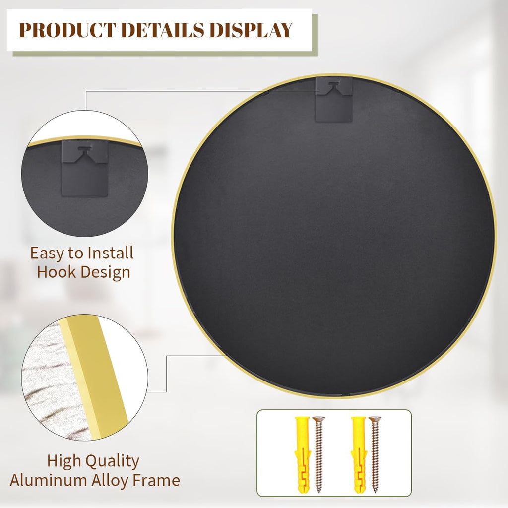 20 Inch Round Mirror, Metal Frame Circle Mirror, Gold
