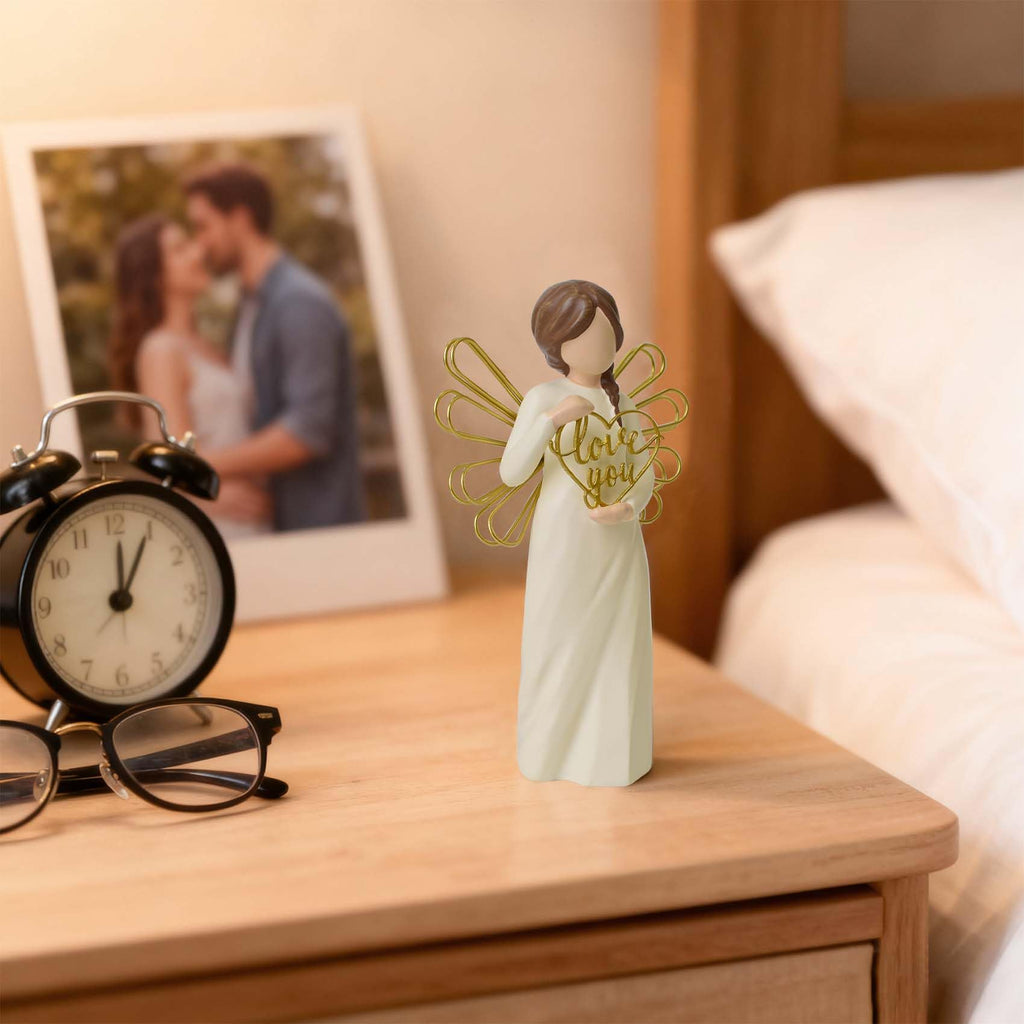 "Love You" Angel Figurine Holding Love Sign, 5.3" Hand-Painted Resin Statue