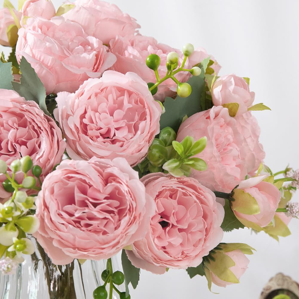 Artificial Peonies Silk Flowers in Glass Vase Faux Flowers Bouquets Modern Penoy Arrangement 4 Pack Decoration Table - Set of 4