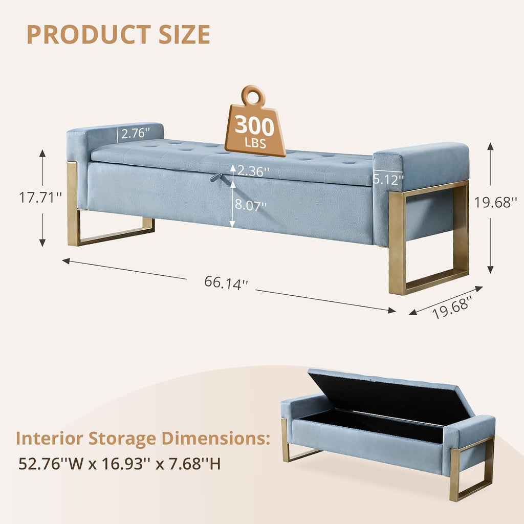 67'' End of Bed Storage Bench, Storage Ottoman Bench King Size, Modern Velvet Bed Benches for Foot of Beds with Gold