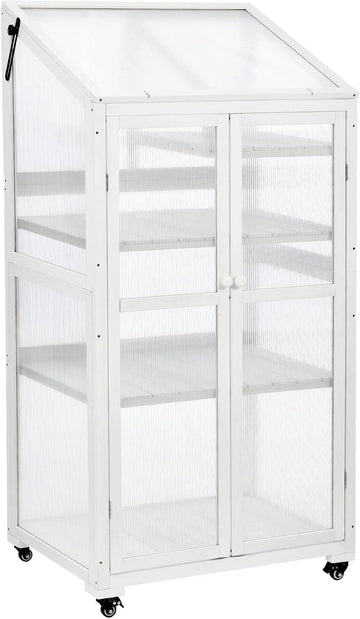 62 inches Tall Wooden Cold Frame Greenhouse Balcony, Portable Garden Flower Planter with Wheels and Adjustable