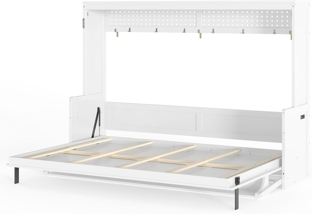 Queen Horizontal Murphy Bed with Desk, Farmhouse Wall Bed Frame with LED Lights & Charging Station, Wood Hidden