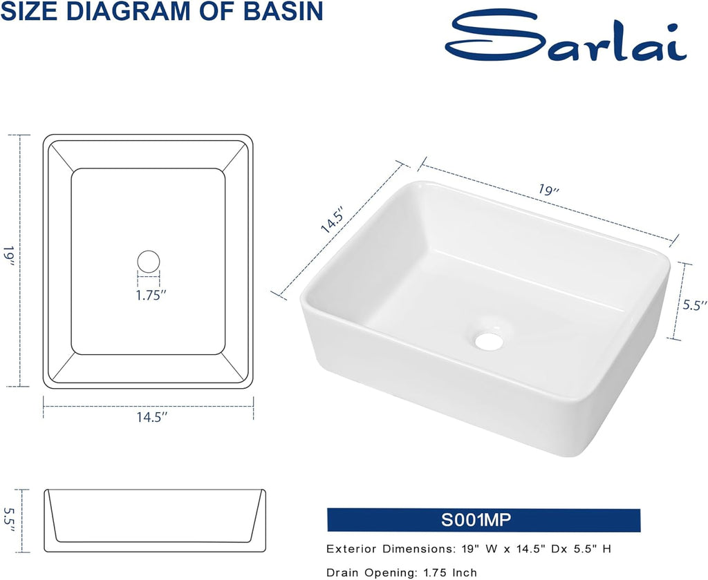 Sarlai Vessel Sink Rectangular - 19"x15" White Bathroom Sink Rectangle Above Counter Porcelain Ceramic Bathroom Vessel