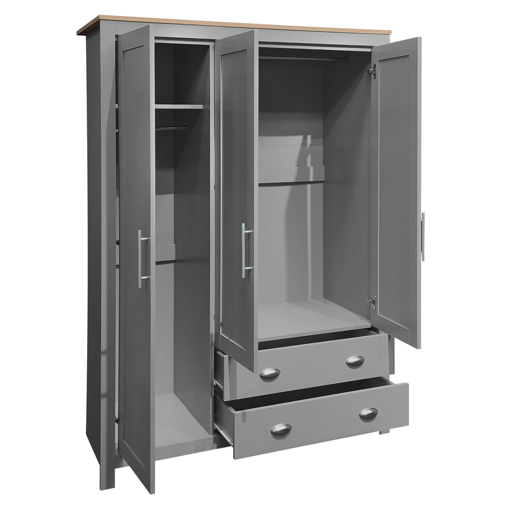 3 Doors Armoire Wardrobe Closet with 2 Drawers, 67.9" H Wooden Closet Wardrobe Cabinet with 2 Hanging Rods and