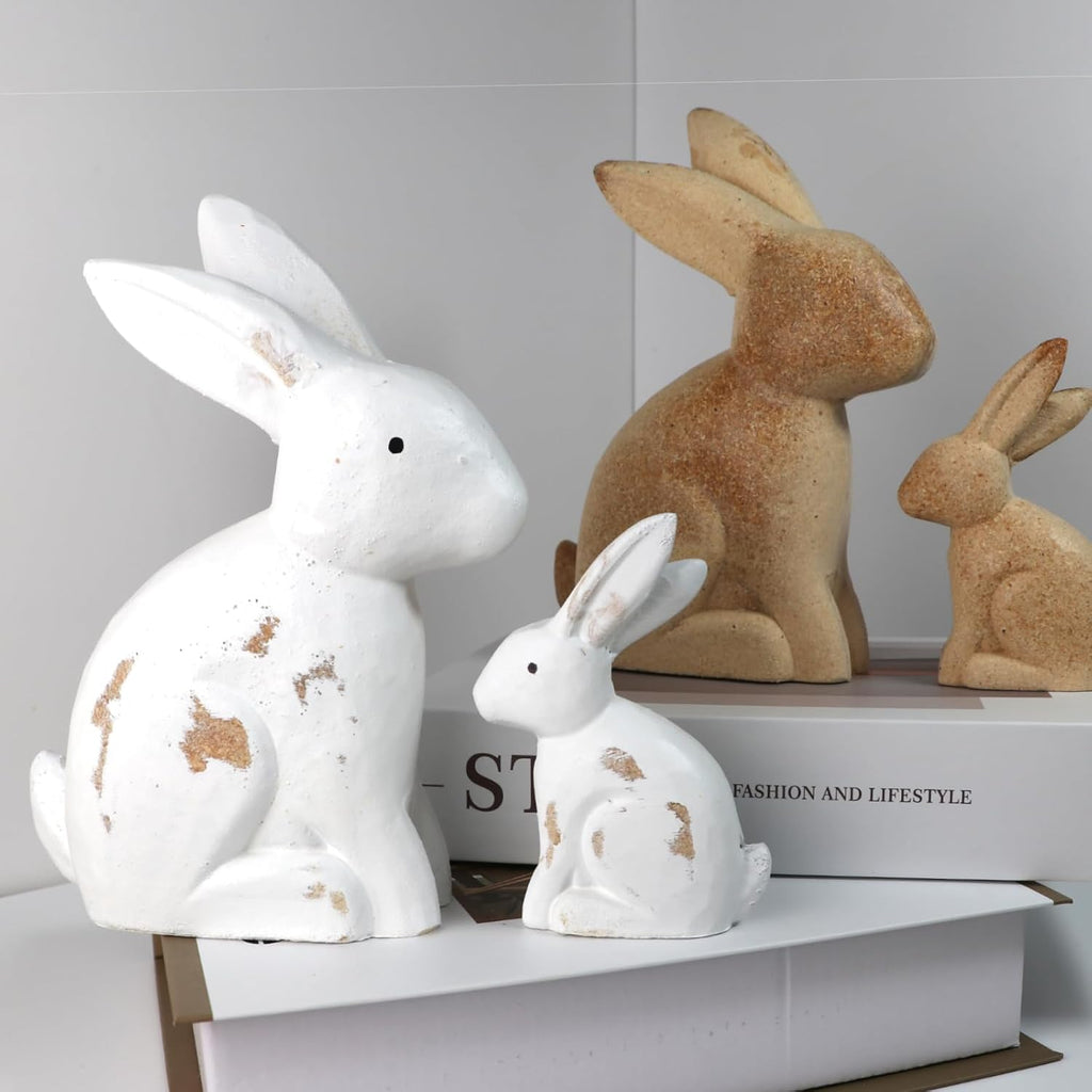 Wooden Easter Bunny Figurines, Tabletop Rabbit Decor for Spring & Easter Home Decoration, White Painted & Natural - Set of 2