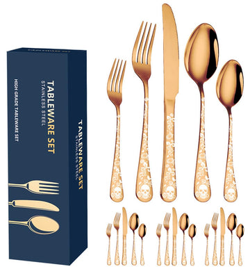 20-Piece Bizarre Flatware Set, Gothic Skull Silverware Set for 4, Skeleton Flower Unique Pattern Design