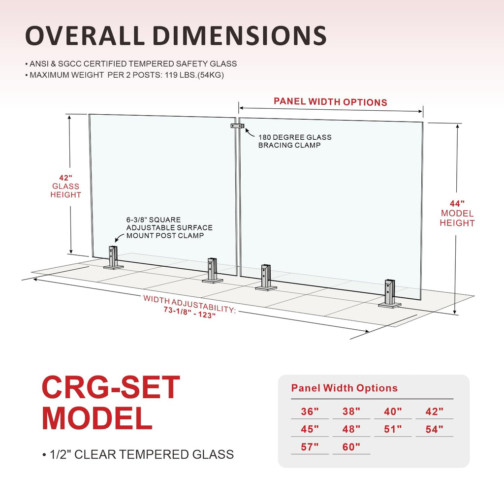 2-Panel Tempered Glass Railing System, 109-112" W x 44" H Deck Railing Kit