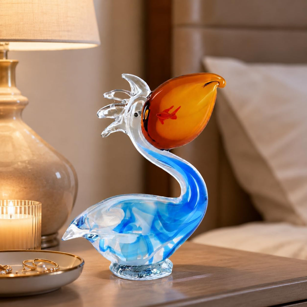 Pelican Figurine Hand Blown Glass Bird Sculpture, Pelican Statue Decor with Fish Detail Shelf Tabletop Display