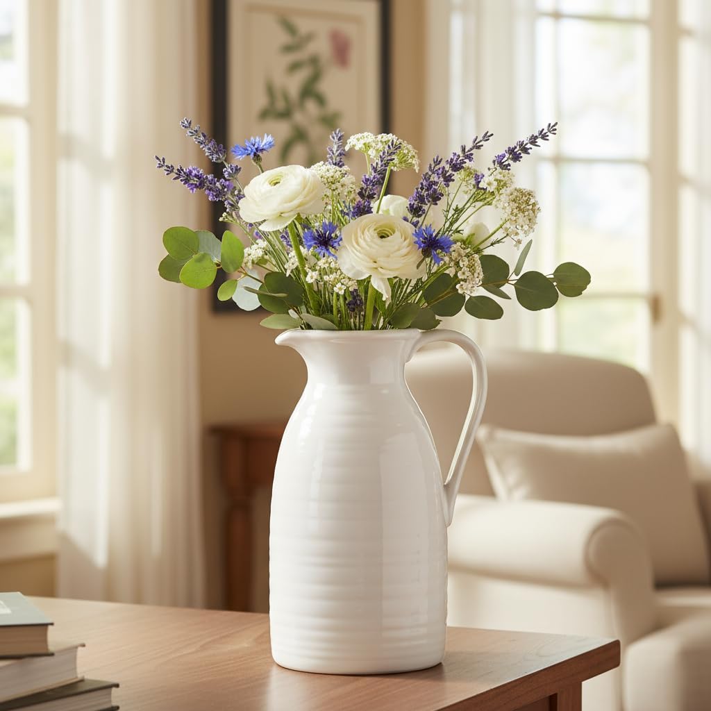 Farmhouse Pitcher Vase for Flowers- Ceramic Pitcher White Flower Vase for Your Kitchen/Home