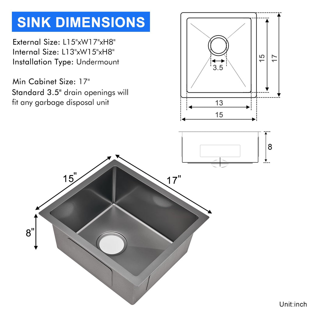 15"x17" Undermount Single Bowl Bar Sink 304 Black Stainless Steel