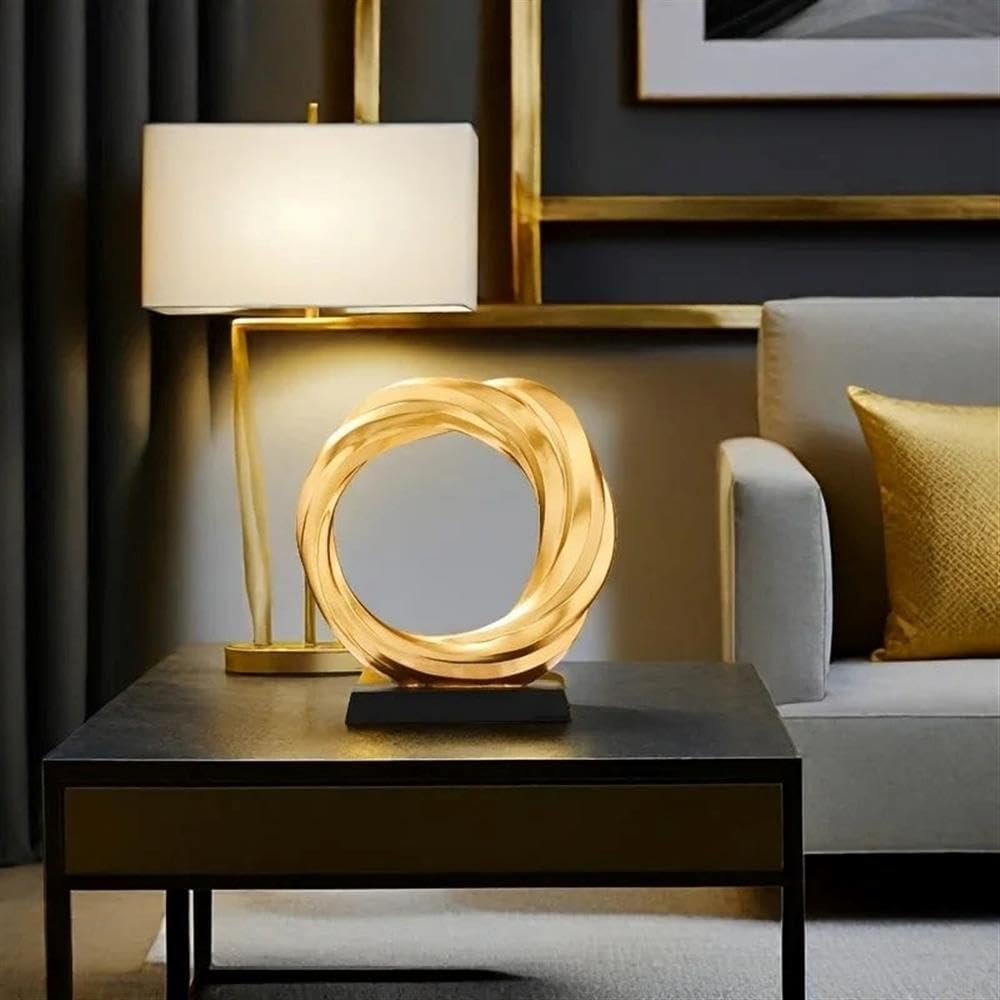 Modern Gold Resin Circle Sculpture, Abstract Design with Crystal Ball, 8.66 in Decorative Home Accent , or Entryway
