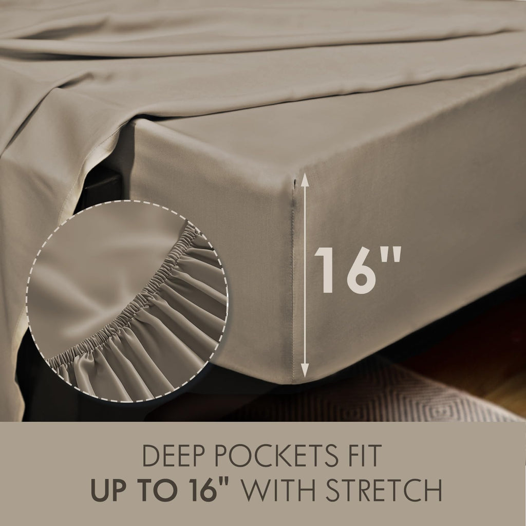 Sheets King Bed Sheet Set, 100% Rayon derived from Bamboo, Luxuriously Soft, Cooling, Double Stitching, 16" Deep