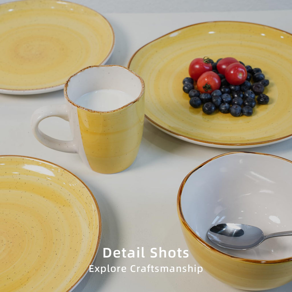 Highland 16-Piece Dinnerware Set Service for 4, Organic Shape Stoneware Plates and Bowls Set, Scratch Resistant