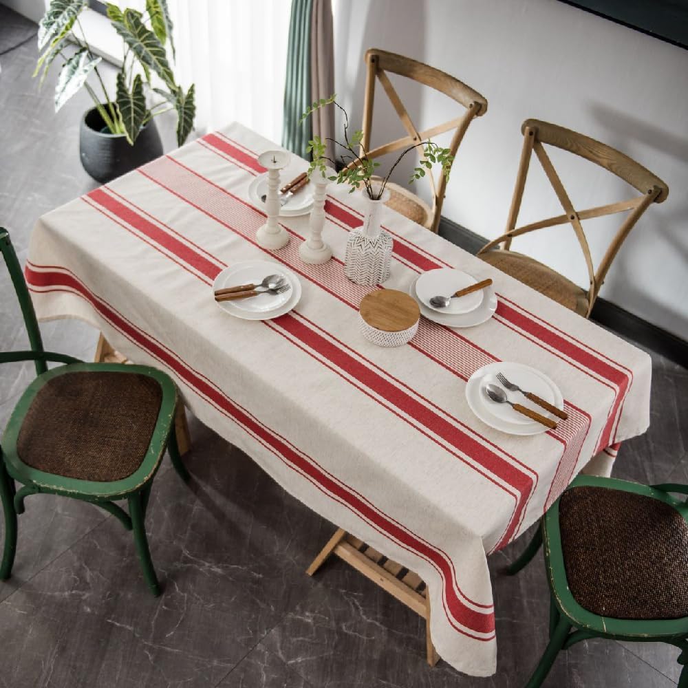 White Red Tablecloth Cotton Linen Farmhouse Table Cover Soft Washable Table Top for Parties Coffee Kitchen Décor