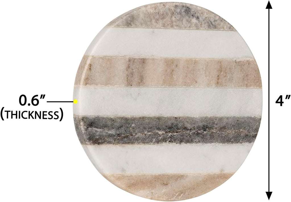Handcrafted Marble Round Coasters with Striped Inlay White & Grey Marble Coasters for Wine Glasses, Drinks - Set of 6