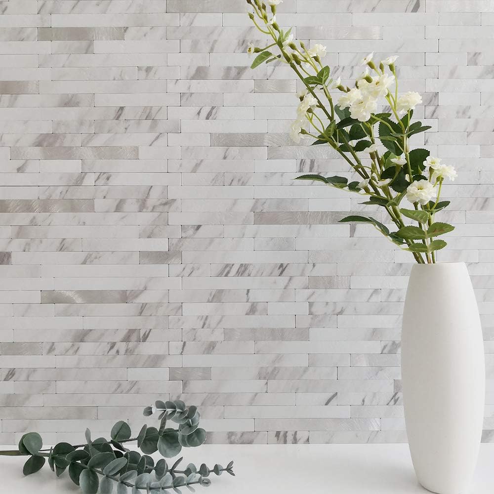 10-Sheet Peel and Stick Backsplash Tile, Faux White Marble Look PVC Mixed Metal Stick on Backsplash , 9.4 sq.ft