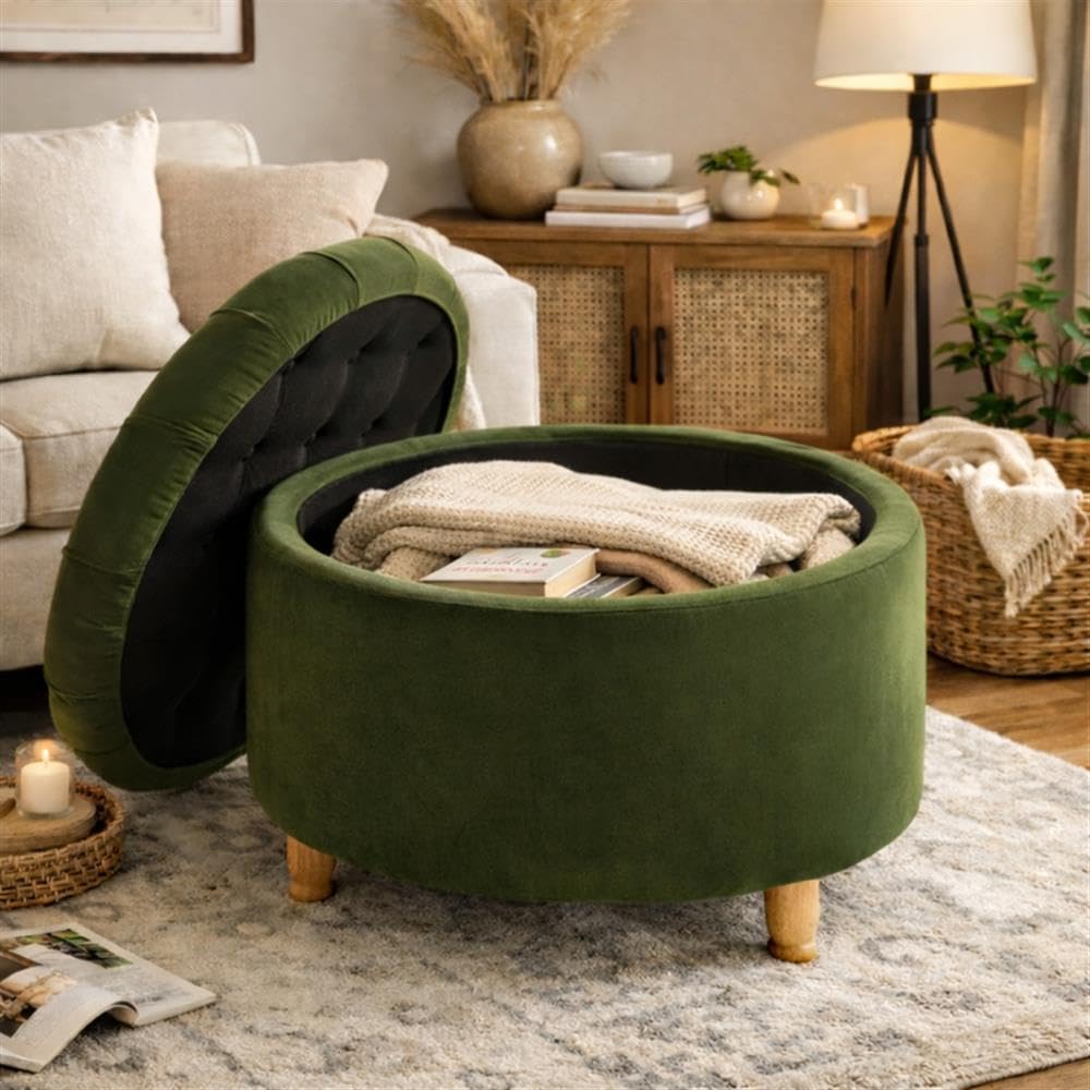 Knight 28-Inch Large Round Pintucked Storage Ottoman with Lift-Off Lid, Tufted Upholstered Accent Footrest, Hidden