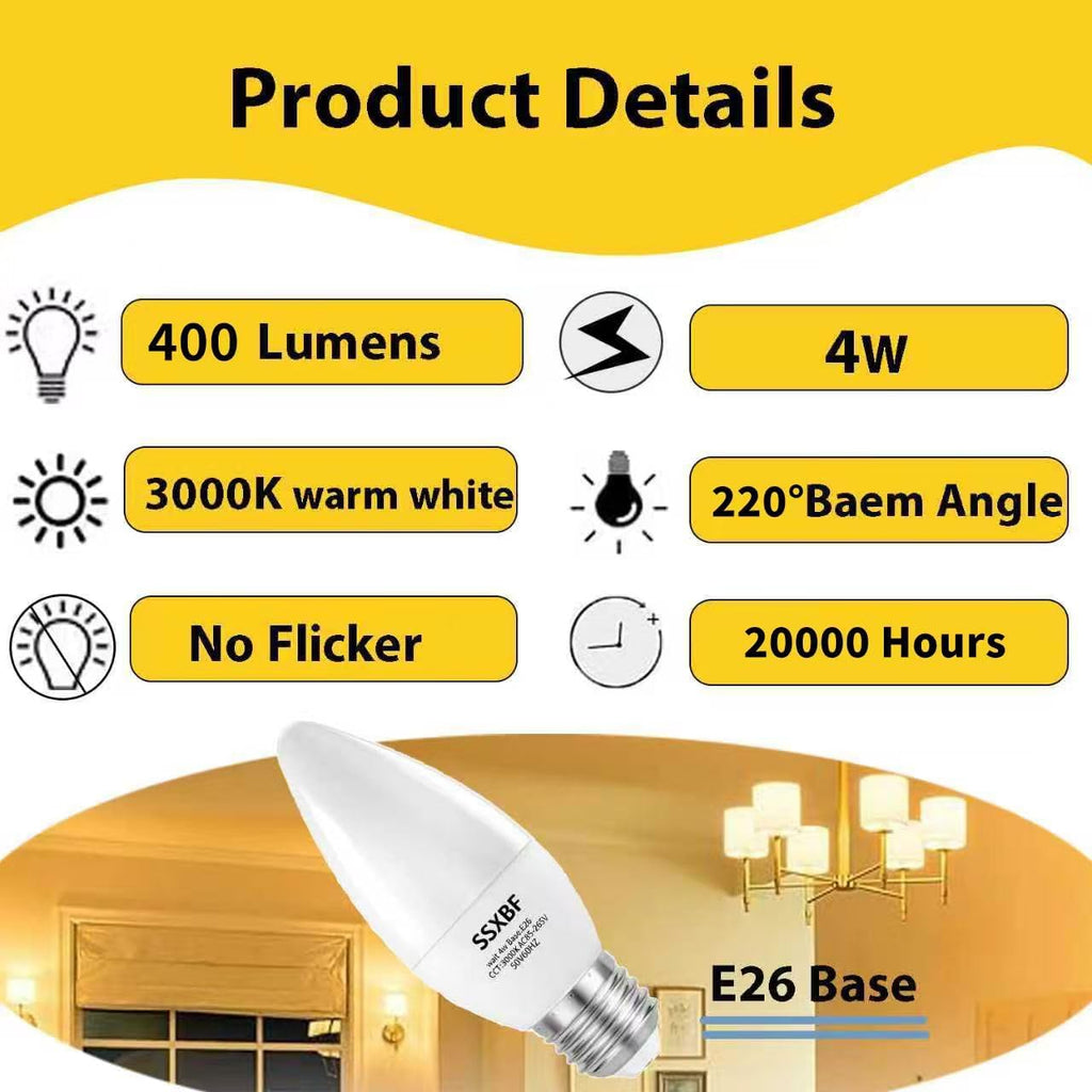 E26 LED Candelabra Light Bulbs 40W Equivalent, Warm White 3000K 400 Lumen Chandelier Bulbs,AC85-240V 4W B11 Candle