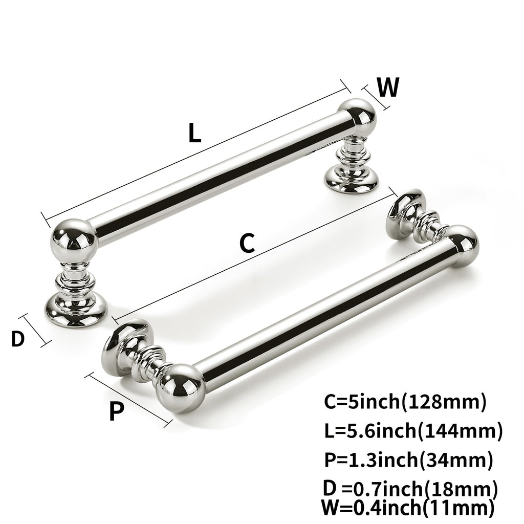 10 Pack 5 inch(128mm) Hole Center Vibrant Polished Nickel Cabinet Pulls Solid Heavy-Duty Kitchen Cabinet Hardware