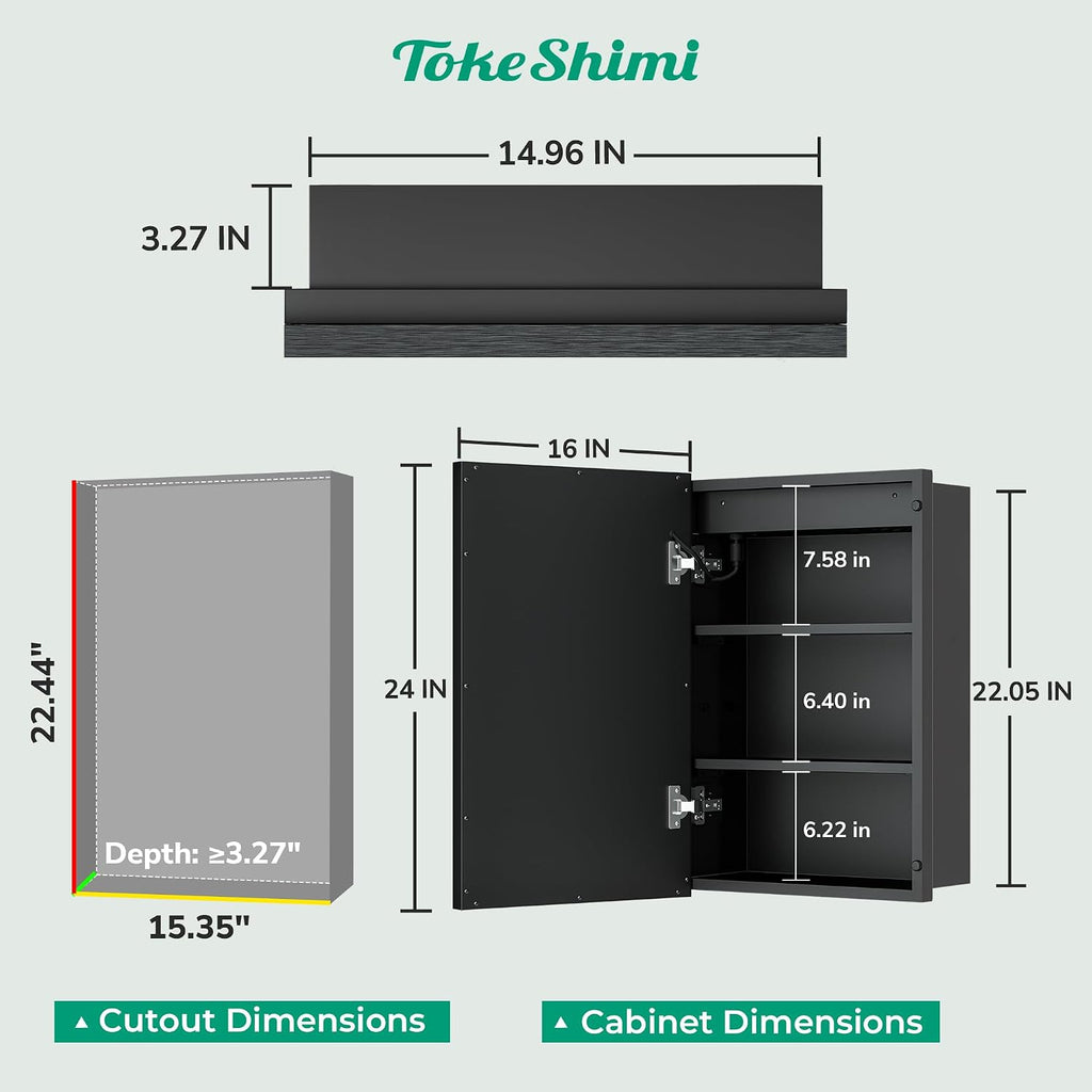 16x24 Inch LED Medicine Cabinet Black Frame, Medicine Cabinet with Lights, 3-Color Lighted Medicine Cabinet Mirror