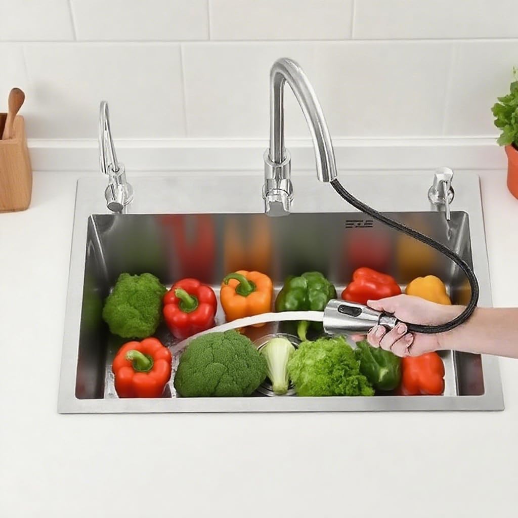 Drop In Stainless Steel Kitchen Sink, 3 Hole Topmount Single Bowl Workstation Sink, Farmhouse Workstation sink with