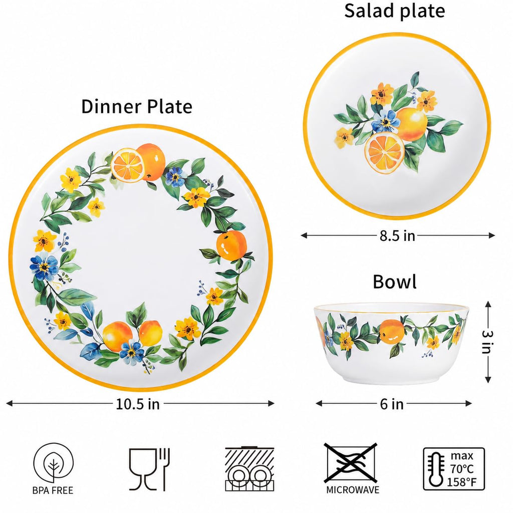 Lemon Dinnerware Set for 4, 12-Piece Melamine Plates and Deep Bowls