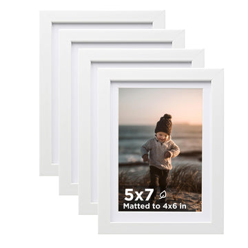 5x7 Picture Frame White Set of 4, Wooden Frames Matted 4x6 for Desk