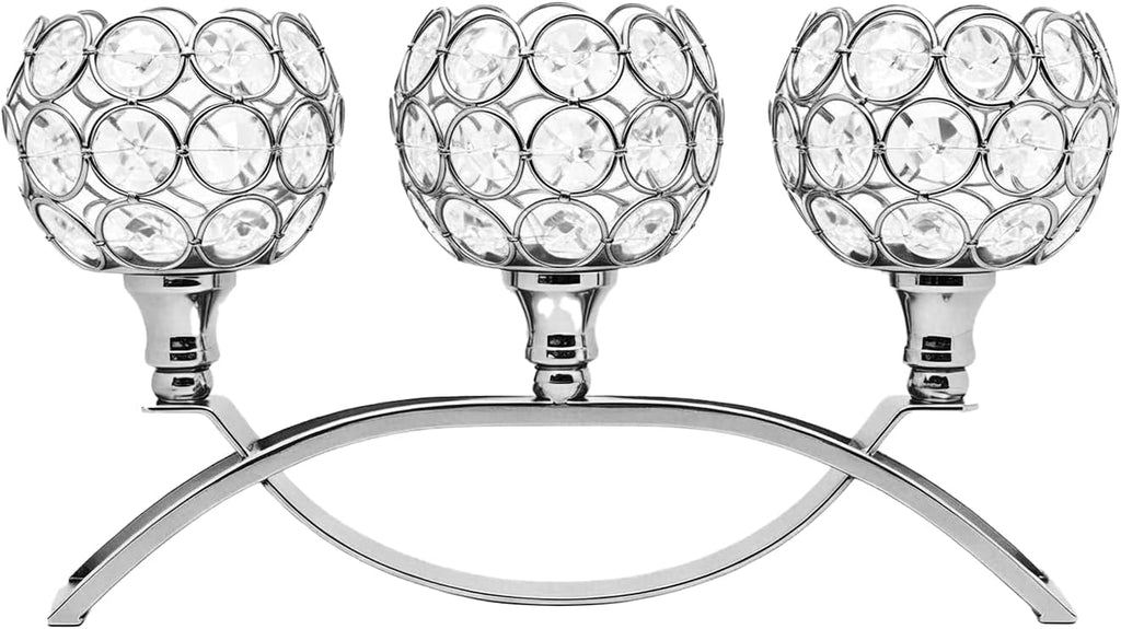 3-Arm Arched Crystal Candelabra, Sliver Candle Holder Table Centerpiece, Dining, Party, Thanksgiving & Christmas