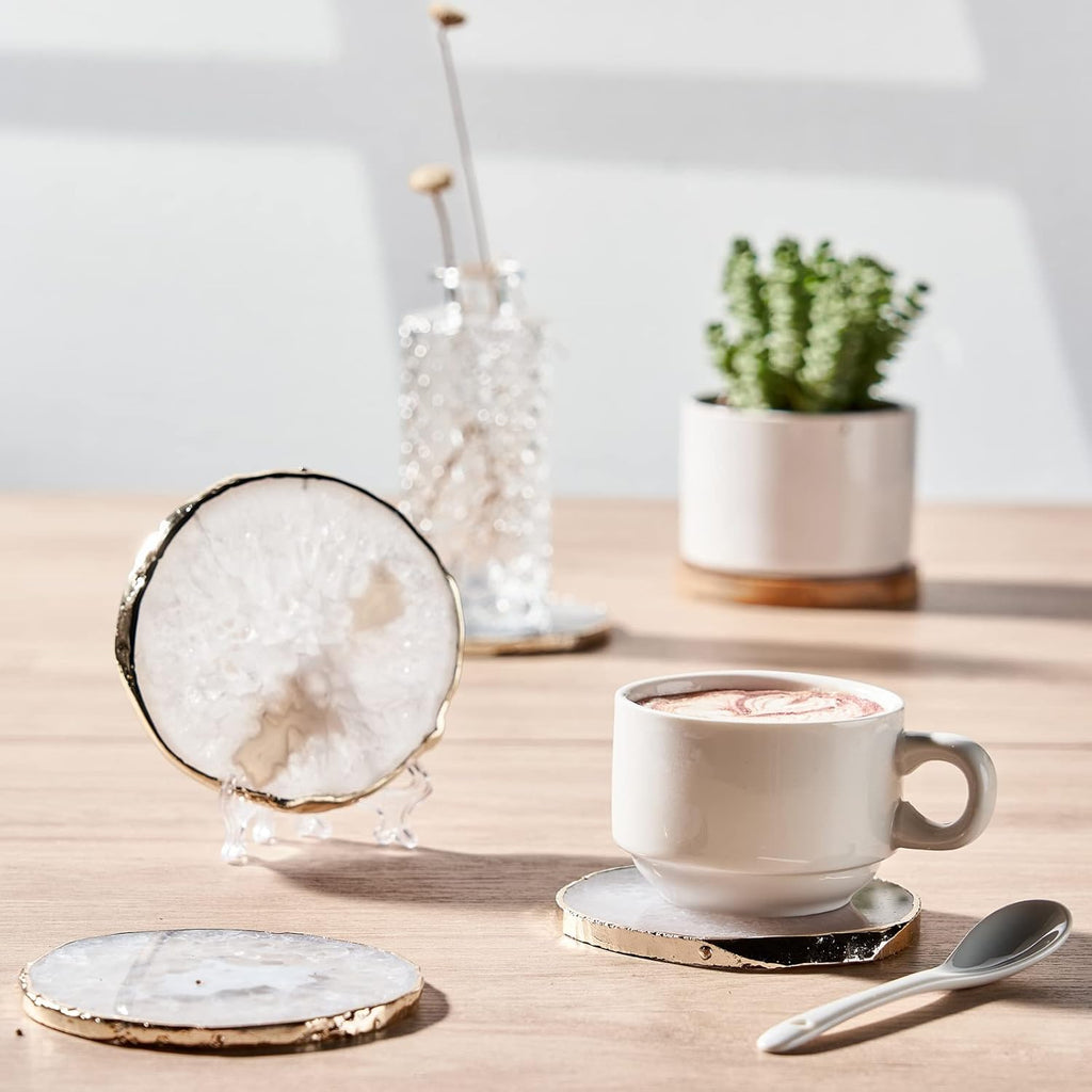 White Agate Coasters for Drinks, Crystal Coaster with Gold Edge 3.5-4", Geode Coaster, Gemstone Natural - Set of 4