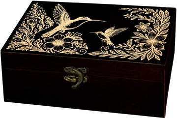 Wooden Memorial Storage Box with Hinged Lids, Hummingbird Flowers