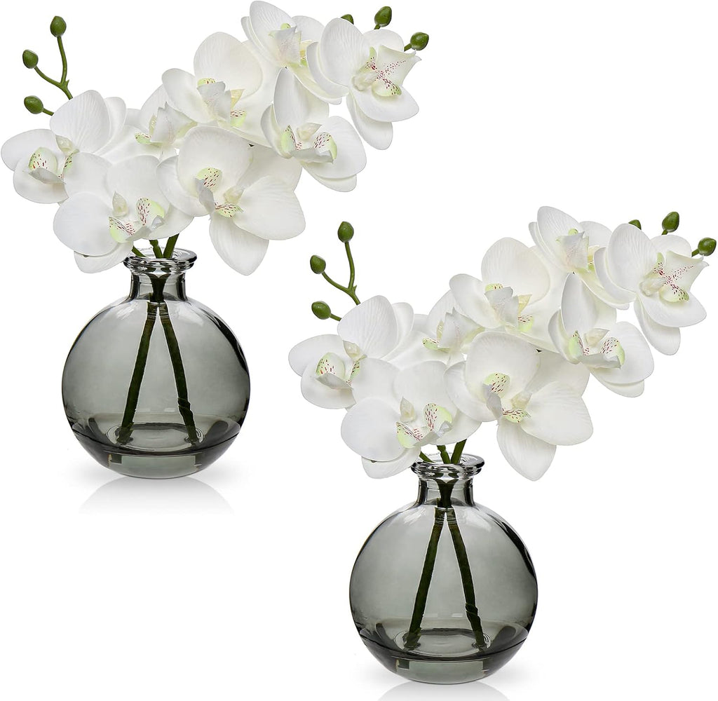 White Orchids Artificial Flowers Faux Orchid Arrangement with Black Glass Vase Set of 2 Real Touch Phalaenopsis