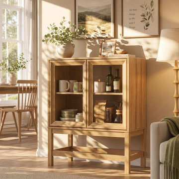 Sideboard Buffet Cabinet with Storage, Small Kitchen Coffee Wine Bar Cabinet with Glass Press-to-Open Doors, Wood Mid