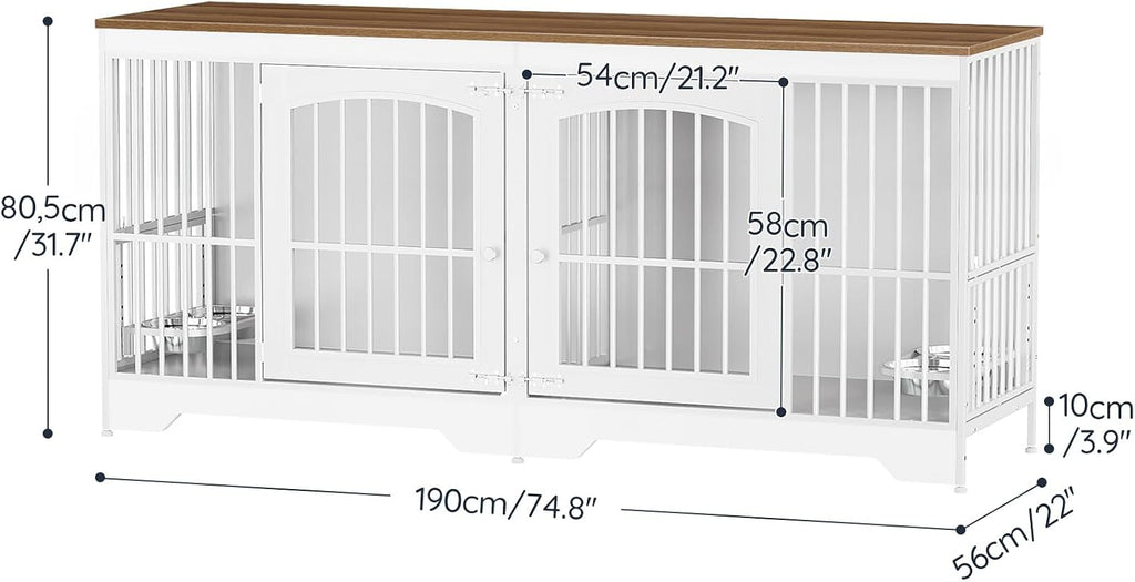 74.8" Dog Crate Furniture for 2 Dogs, Wooden Dog Kennel Indoor with Dog Bowls, Extra Large Double Doors Dog Crate TV
